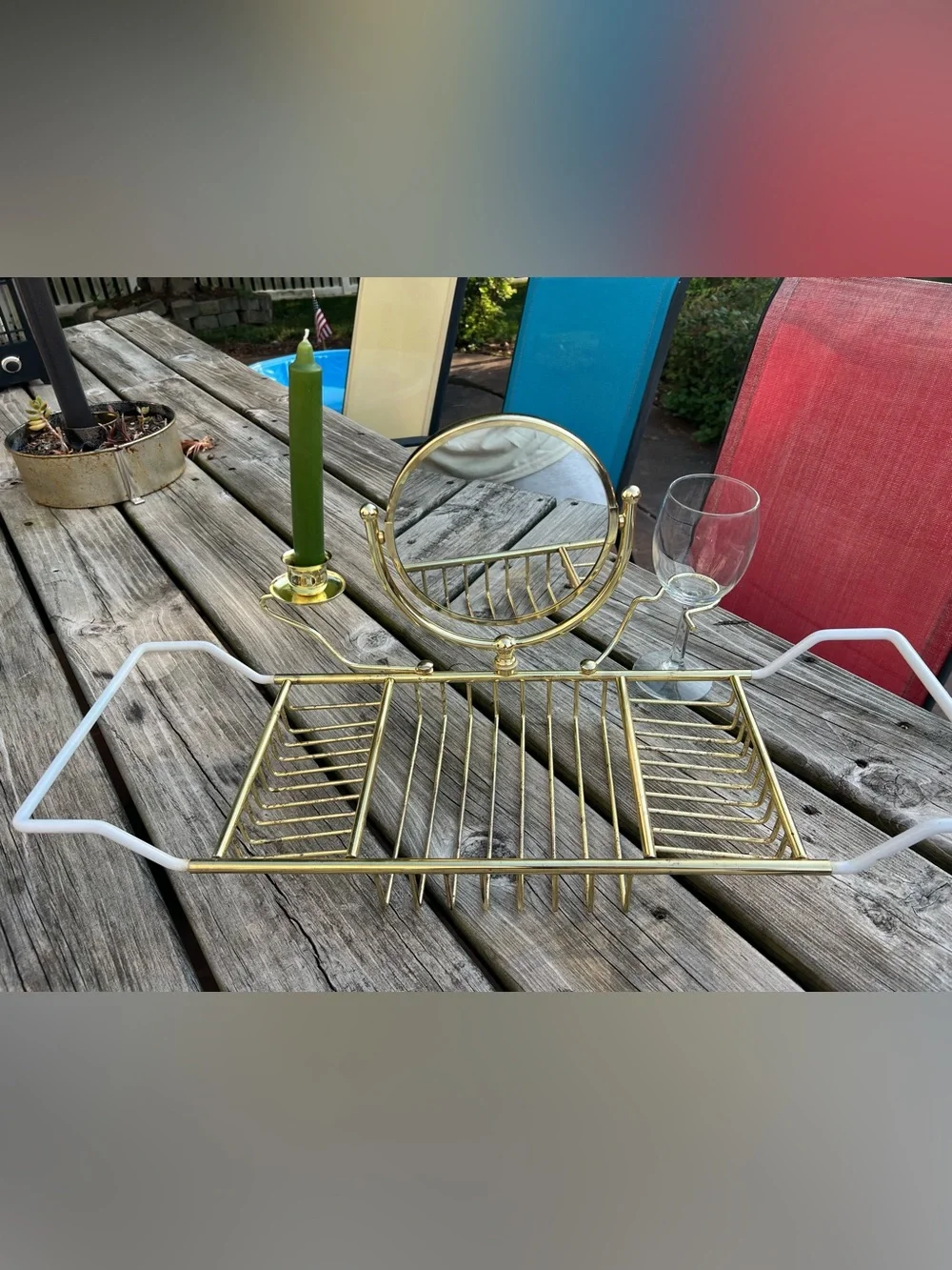 Vintage Brass Bath Caddy with Candle, Mirror, Wine Glass Holder and Book Rest